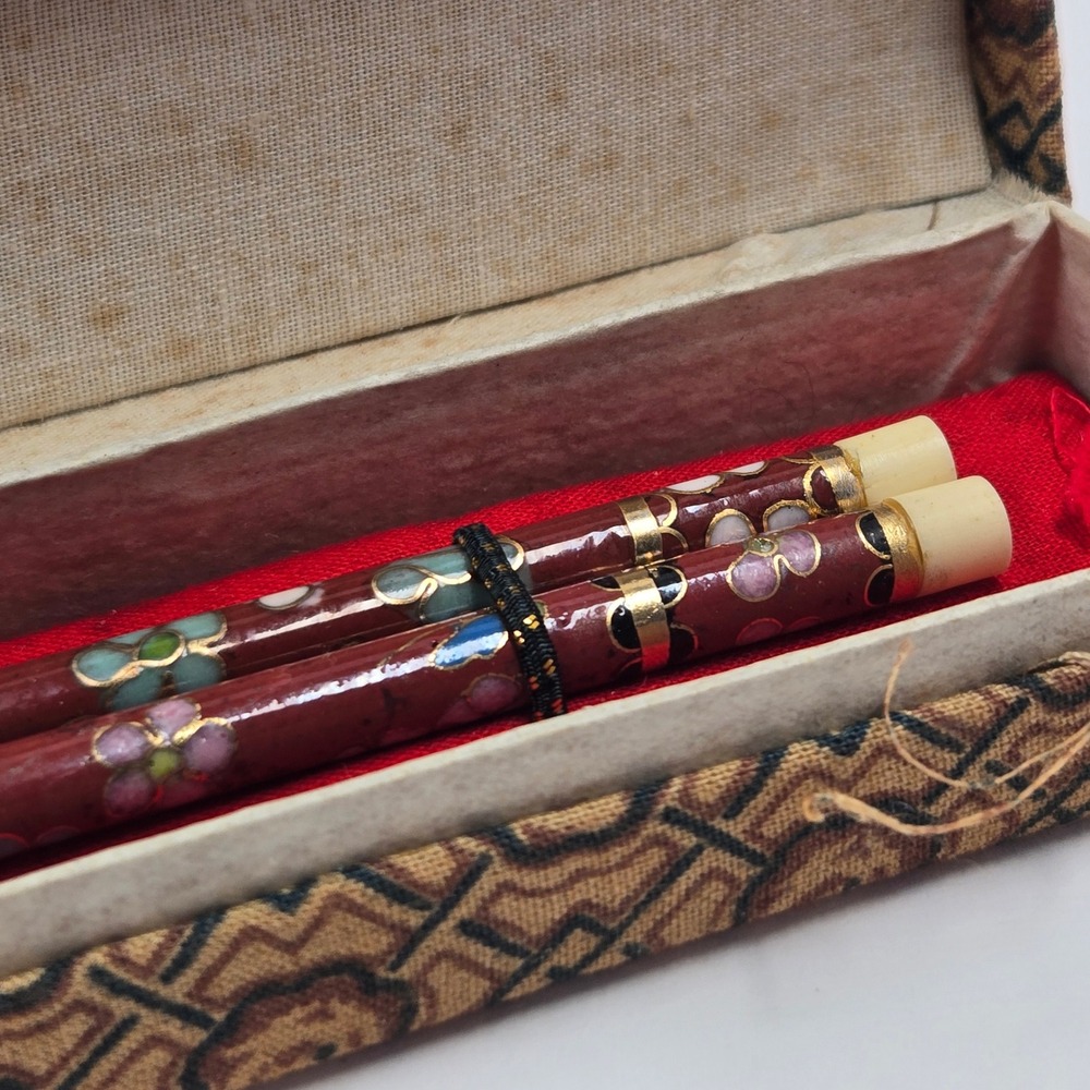 Vintage Asian Chopsticks Set With Case Floral Cloisonne Style Decorative Gift